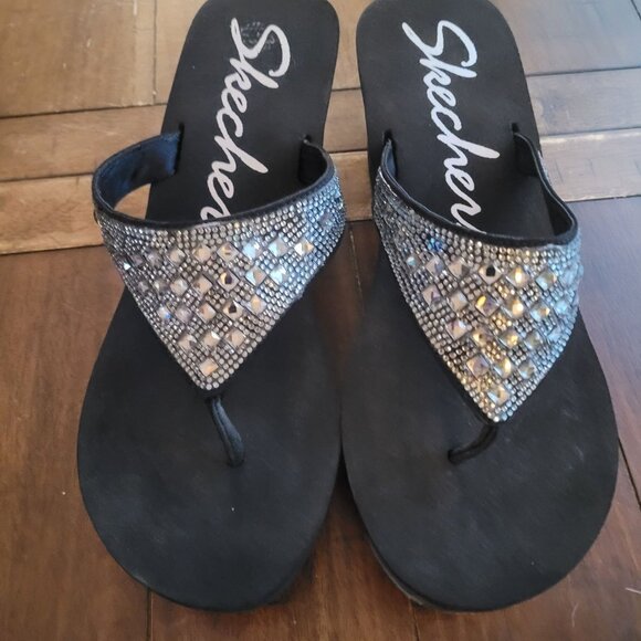 Skechers Rhinestone Embellished Black Wedge Sandals Size 11 - Picture 1 of 5